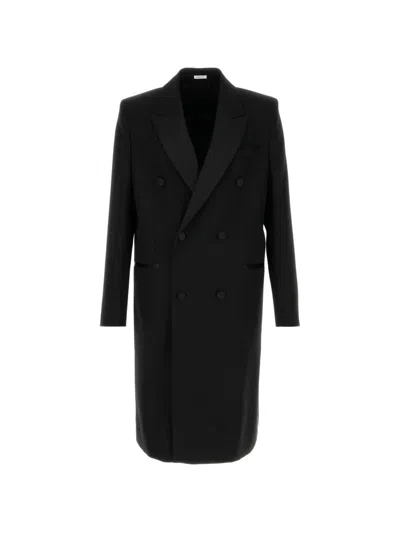 Alexander Mcqueen Long Double Breasted Wool Coat Notch Lapels In Black
