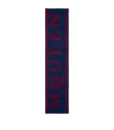 Alexander Mcqueen Wool Logo Scarf In Blue