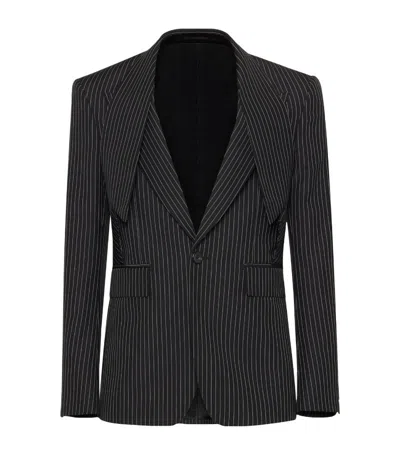 Alexander Mcqueen Wool-mohair Pinstripe Lapel-detail Tailored Jacket In Black