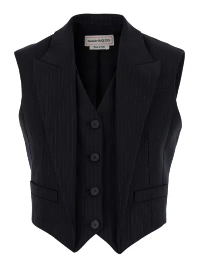 Alexander Mcqueen Wool Pinstripe Waistcoat In Black
