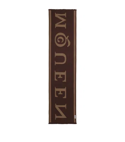 Alexander Mcqueen Wool Reversible Logo Scarf In Brown