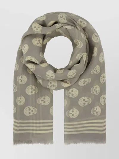 Alexander Mcqueen Wool Scarf With Fringed Edges And Skull Pattern In Grey
