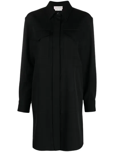 Alexander Mcqueen Wool Shirt Minidress In Black