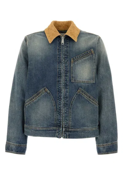 Alexander Mcqueen Cotton Denim With Suede Collar Jacket In Blue