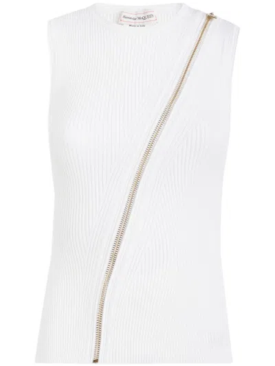 Alexander Mcqueen Zipper Crew Neck Ribbed Sleeveless Top In White