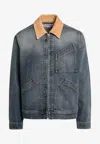 Alexander Mcqueen Denim Jacket With Suede Collar In Blue