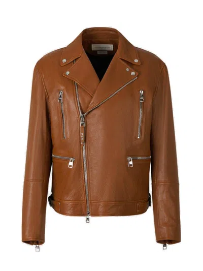 Alexander Mcqueen Essential Leather Biker Jacket Men In Brown