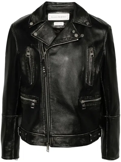 Alexander Mcqueen Zipped Leather Biker Jacket In Black