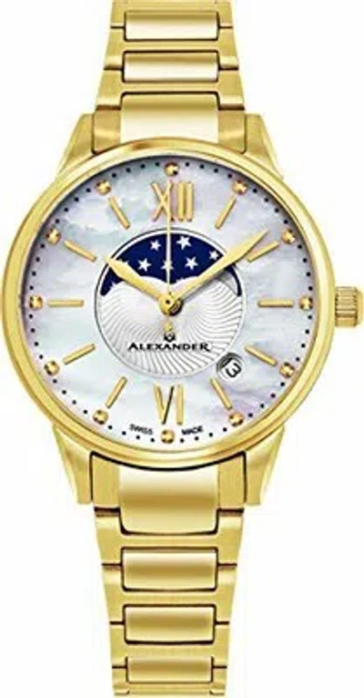Pre-owned Alexander Monarch Vassilis Moon Phase Mop Women Swiss Quartz Ss Watch A204b-05
