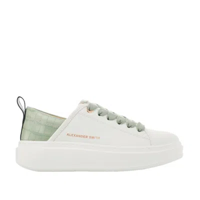 Alexander Smith White Ecowembley Sneakers With Light Green Crocodile Print Spur And Green Laces In Gray