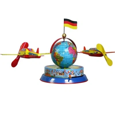 Alexander Taron German Decorative Tin Airplanes Circling Globe In Blue,red,yellow
