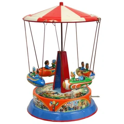 Alexander Taron German Decorative Tin Carousel Toy With Rocket Ships On Rods In Blue,red