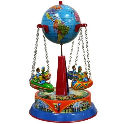 Alexander Taron German Decorative Tin Carousel With Rocket Ships On Chains In Blue,yellow