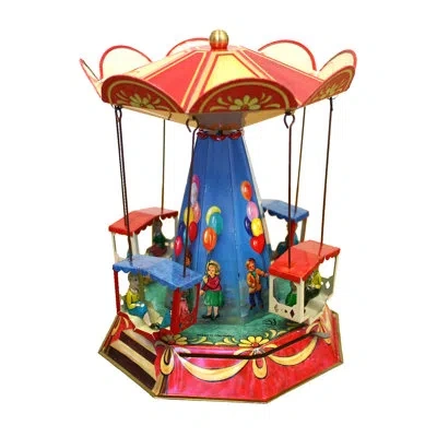 Alexander Taron German Decorative Tin Old Fashioned Carousel In Blue,red
