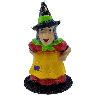 Alexander Taron Schaller Paper Mache Candy Container - Witch In A Black Hat Wearing A Red And Yellow Apron And Green