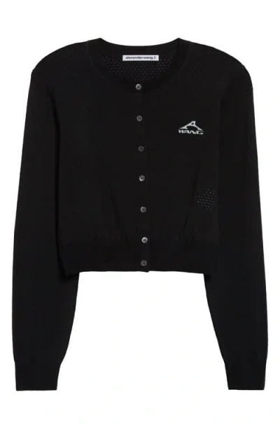 Alexander Wang 3d Logo Crop Open Knit Mesh Cardigan In Black