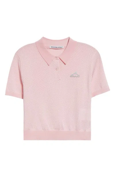 Alexander Wang 3d Logo Crop Open Knit Mesh Polo In Light Pink