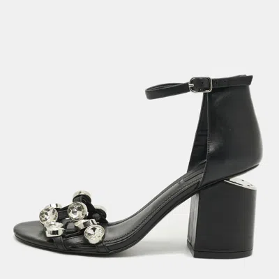 Pre-owned Alexander Wang Abby Size 37 Black Leather Crystal Embellished Ankle Strap Sandals