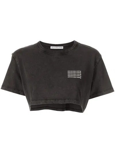 Alexander Wang Acid-wash Crop Logo T-shirt In Grey