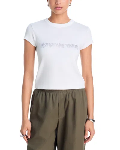 Alexander Wang Alexanderwang Ribbed Knit Rhinestone Logo Crewneck Tee In White