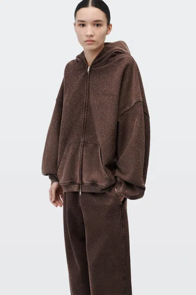Alexander Wang All-over Crystal Hotfix Oversized Zip Up Hoodie Dark Brown