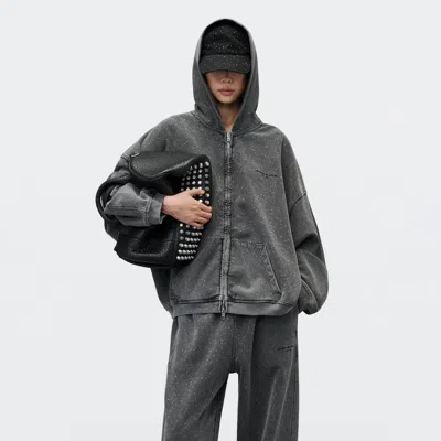 Alexander Wang All-over Crystal Oversized Zip Up Hoodie In Washed Asphalt
