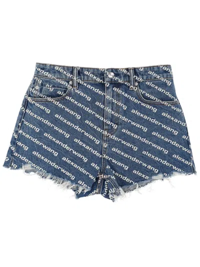 Alexander Wang All-over Logo Denim Shorts In Blue