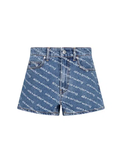 Alexander Wang Allover Logo Printed Denim Shorts In Blue