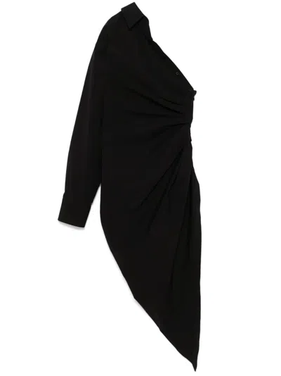 Alexander Wang Asymmetrical Ruched Shirt Dress With Pointed Hem In 001 - Black