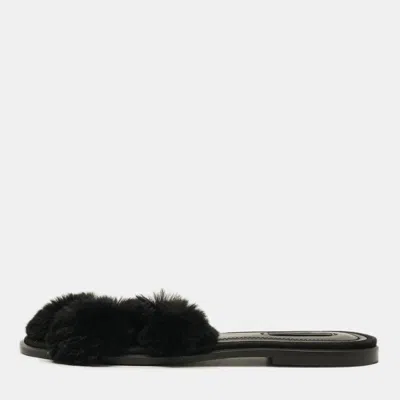 Pre-owned Alexander Wang Ava Size 38 Black Pom Pom Fur Flat Slides