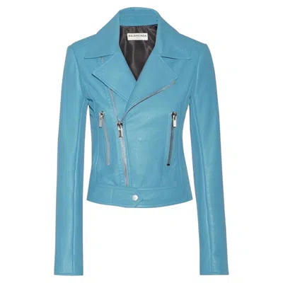 Pre-owned Alexander Wang Balenciaga .paris Turquoise Lambskin Leather Moto Jacket 38  '15 In Blue