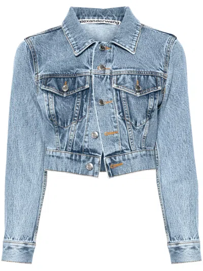 Alexander Wang Bead-embellished Cropped Denim Jacket In Blue