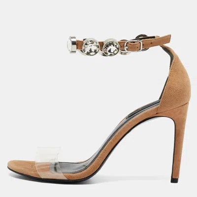 Pre-owned Alexander Wang Beige Pvc And Suede Crystals Embellished Ankle Strap Sandals Size 38.5