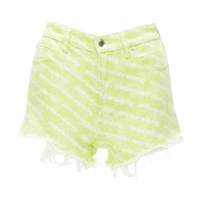 Pre-owned Alexander Wang Bite High Rise Green Logo Print Cut Off Denim Shorts 24"
