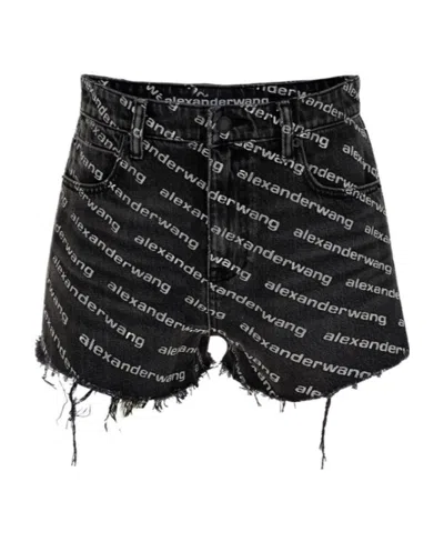 Alexander Wang Omens Grey Aged White Logo-print Bite Denim Shorts In Black