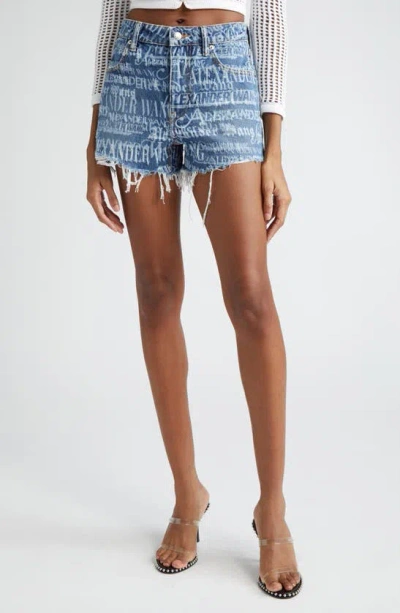 Alexander Wang Bite Newsprint Logo Cutoff Denim Shorts In Vintage Medium Indigo