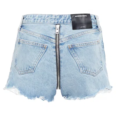 Alexander Wang Bite Zip Washed Denim Hot Pants Shorts In Blue