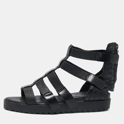 Pre-owned Alexander Wang Black Croc Embossed Leather And Leather Ankle Strap Sandals Size 37