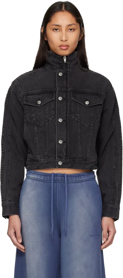 Alexander Wang Black Embossed Logo Pattern Denim Jacket In Gray