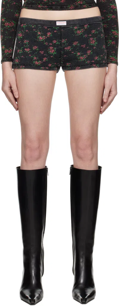 Alexander Wang Black Floral-print Waffle Knit Boy Shorts In Washed Black Multi