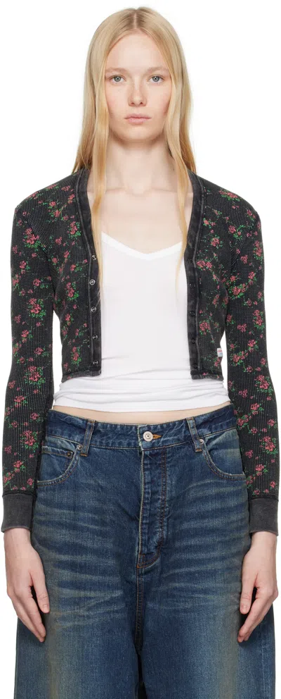Alexander Wang Black Floral-print Waffle Knit Cardigan In Washed Black Multi
