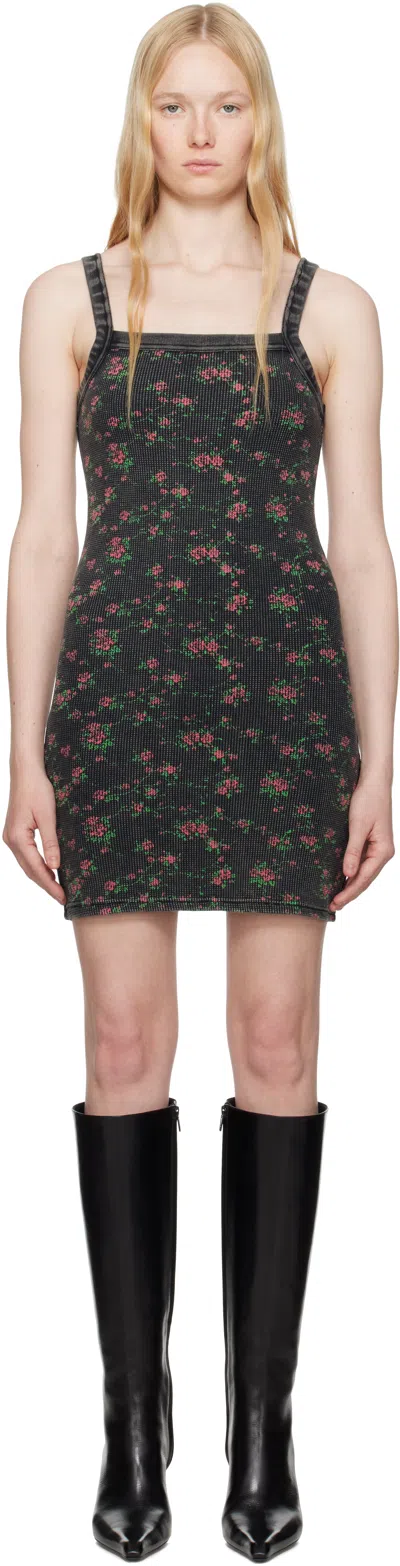 Alexander Wang Black Floral-print Waffle Knit Minidress In Washed Black Multi