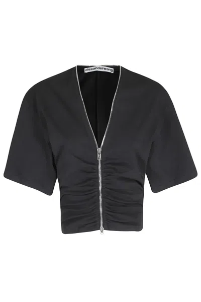 Alexander Wang Black Gathered Front-zipper Cotton-blend T-shirt