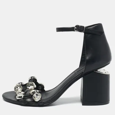 Pre-owned Alexander Wang Black Leather Abby Crystals Ankle Strap Sandals Size 37