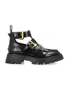 ALEXANDER WANG BLACK LEATHER ANKLE STRAP BOOT FOR WOMEN: ADJUSTABLE STRAPS, GOLD TONE HARDWARE, RUBBER SOLE, SS24
