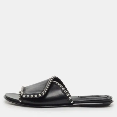 Pre-owned Alexander Wang Black Leather Leidy Studded Flat Slide Sandals Size 38