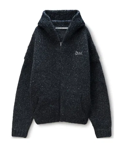 Alexander Wang Oversized Zip-up Hoodie With Aw Embroidery In Black