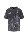Alexander Wang Black Oversized T-shirt With Skyline Graphic And Crystal Detail In Gray
