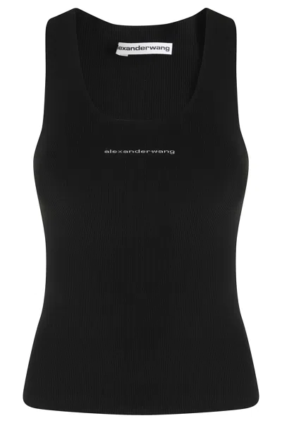 Alexander Wang Black Racer Tank Front Logo Ribbed Nylon Tank Top