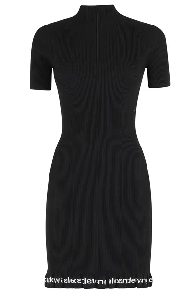Alexander Wang Black Ribbed Ruffled Logo-printed Polyamide-blend Mini Dress